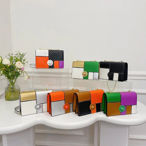 Bolso De Hombro De Cuero PU Mujer Bloque De Color Acolchado Rombo Correa Cadena De Metal Cruzado Cuadrado Diario