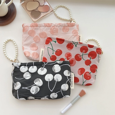 Makeup Bag Cosmetic Pouch With Artificial Pearl Handle Portable Zipper Polyester Storage Bag For Phone Coins Student Girls