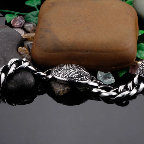 Men's Stainless Steel Curb Chain Bracelet Retro Gothic Cross Embossed Oval Plate With Black Zircon Stone Punk Jewelry