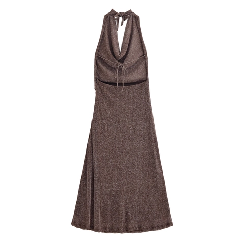 Metallic Glinsterende Halter Col Maxi Jurk Rugloos Slim Fit Elegant Avondfeest Cocktail Schittering