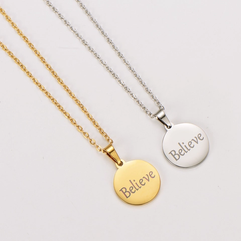 Believe Engraved Round Pendant Necklace 304 Stainless Steel 18K Gold Plated Minimalist Jewelry Gift For Women