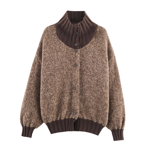 Damen Grobstrick Cardigan Pullover Hoher Kragen Knopfleiste Vintage Locker Langarm Farblock Marl Warme Casual Oberteil
