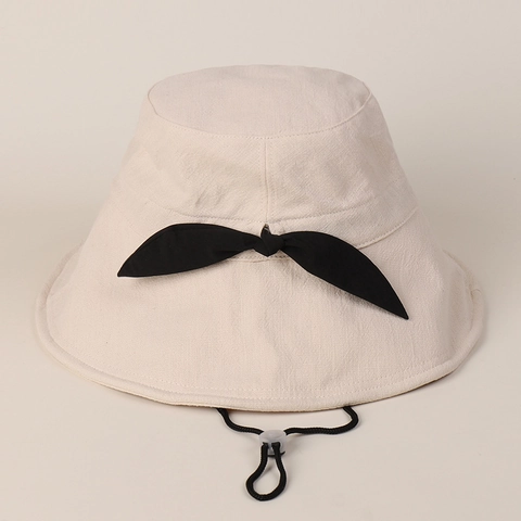Wide Brim Bucket Hat Women Linen Cotton Blend Sunshade Foldable Bowknot Casual Summer Beach Sun Hat Adjustable Strap