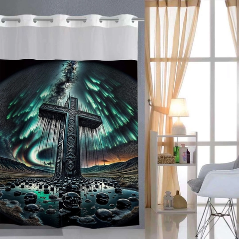 Tenda Da Doccia In Poliestere Impermeabile Resistente Alla Muffa Arte Gotica Teschio Rosa Croce Paesaggio Arredo Bagno