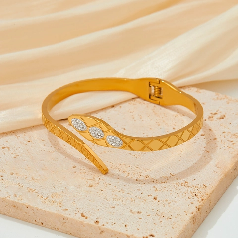 Schlangenförmiger Offener Armreif Edelstahl Strass Besetzt Exotisches Federgelenk Armband Modeschmuck Damen