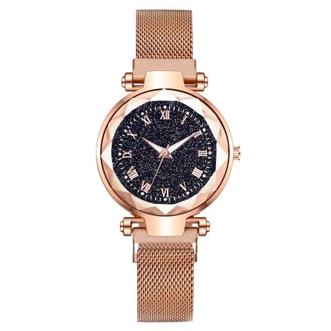 Orologio al Quarzo Cielo Stellato Cinturino Magnetico Milano Numeri Romani Vetro Sfaccettato Cassa Geometrica Elegante Donna