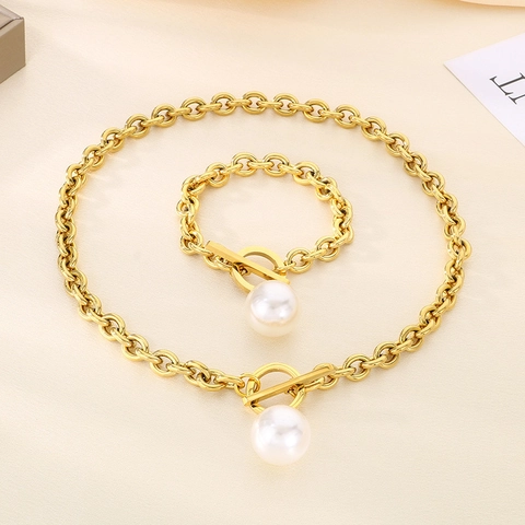 Mode Edelstahl Halskette Und Armband Schmuck Mit Künstliche Perle Metallkugel Anhänger Knebelverschluss Grobe Kette Für Damen
