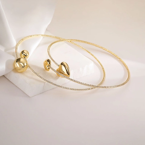 Vintage Koperen Vergulde Sieraden Hart Ronde Kraal Choker Ketting Open Armband Voor Vrouwen Zirconia Ingelegde Mode Accessoire