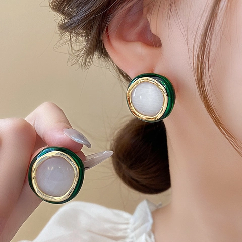 Round Cat Eye Stone Stud Earrings With 925 Sterling Silver Earring Post Copper Enamel Vintage Light Luxury Jewelry For Women