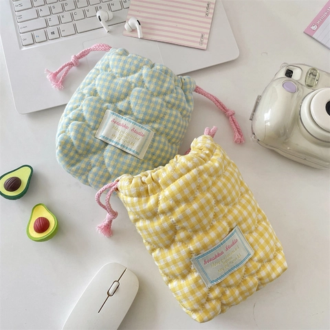 Bolsa Almacenamiento Acolchada Para Cámara Patrón Corazón Cuadros Bolsa Con Cordón Organizador De Viaje Digital Para Mujer