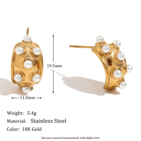 Retro Moon Stud Earrings Stainless Steel With Imitation Artificial Pearl C Shape Geometric Jewelry For Women