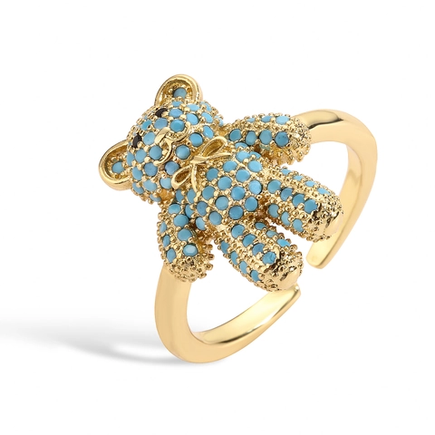 Cute Sweet Copper Teddy Bear Colorful Zirconia Open Ring For Women Adjustable Fashion Animal Jewelry Gift