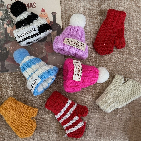 Mini Christmas Knitted Hat Glove Tree Bow Accessories Woolen Yarn DIY Hand Made Doll Decor Gift Box Ornament Cute