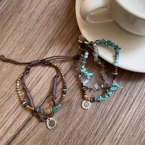 Pulsera De Cuentas De Piedra Natural Bohemia Multicapa Cuerda De Cera Tejida Turquesa Cristal Dije Sol Joyería Étnica Mujer