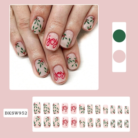 Kerst Korte Press On Nagels Matte Kunstnagels Met Joy Letter Blad Bes Patroon Feestelijke Manicure Set Voor Dames