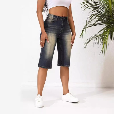 Women High Waist Denim Bermuda Shorts Stretchy Straight Leg Vintage Wash Casual Mid Length Summer