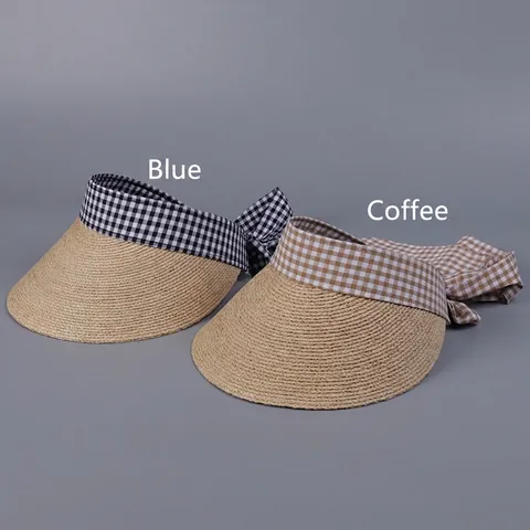 Raffia Straw Sun Visor Hat Women Gingham Check Ribbon Bowknot Open Top Wide Brim Summer Beach Holiday