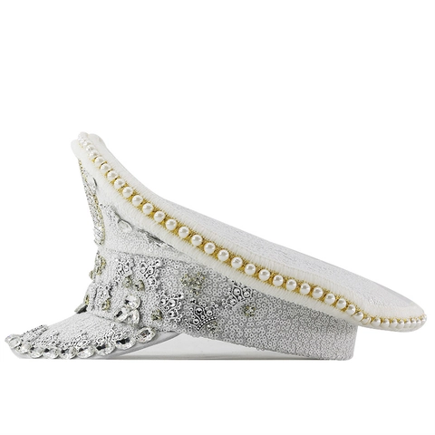 Cappello Da Capitano Con Paillettes Bianche Corona Di Strass E Künstliche Perle Per Party Festival Performance Carnevale