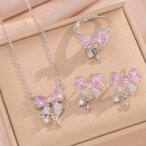Gioielli In Acciaio Al Titanio Rame Con Fiocco Cuore Zircone Collana Orecchini Anello Per Donna Moda Stella Nappa Pendente