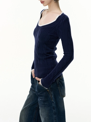 Damen Zopfstrickpullover Wolle Lyocell Mischung Kontrastbesatz Rundhals Langarm Slim Fit Elegant Oberteil