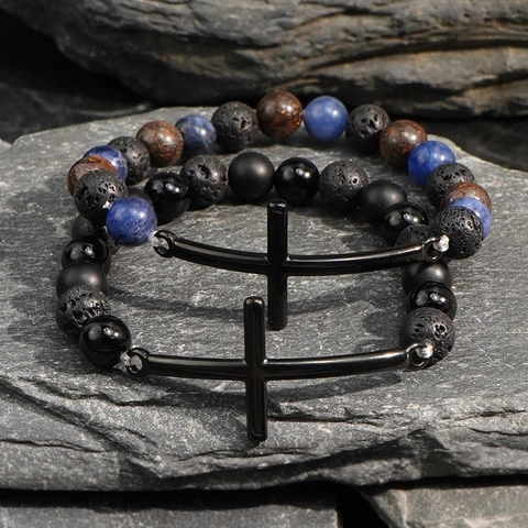 Bracciale Con Perline Croce Pietra Lavica Naturale Occhio Di Tigre Agata Gioielli Religiosi Fatti A Mano Per Uomo Donna