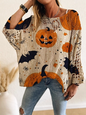 Women Halloween Pumpkin Bat Print Hollow Out Crochet Knit Sweater Oversized Loose Long Sleeve Pullover Casual Festive Top