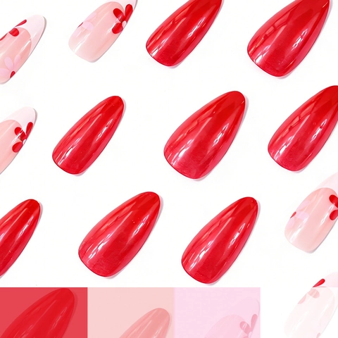 Press On Nails Glossy Almond Shape Red Pink French Design Flower Pattern Artificial False Nails For Women Manicure