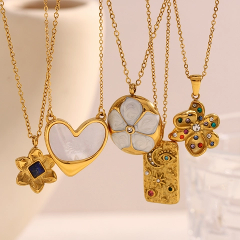 Stainless Steel Pendant Necklace 18K Gold Plated Flower Heart Star Moon Shell Stone For Women Retro Style