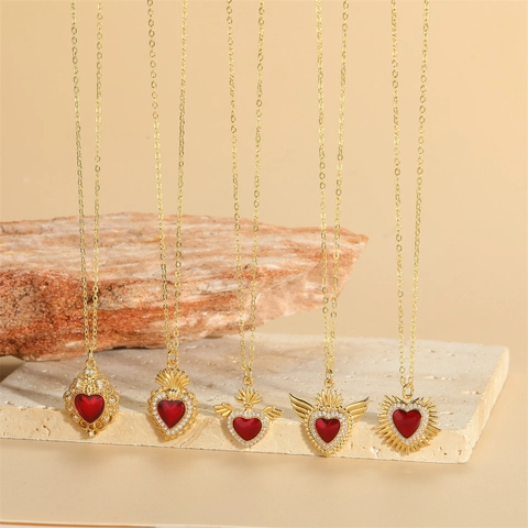 Herz Anhänger Halskette Gold Plattiert Kupfer Mit Zirkon Und Roter Emaille Retro Vintage Herz Stil Für Frauen