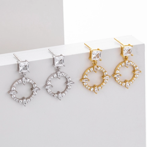 Pendientes de Botón de Plata de Ley 925 con Circonia para Mujer Moda Francesa Lujo Ligero Pendientes Geométricos Cuadrados Círculo