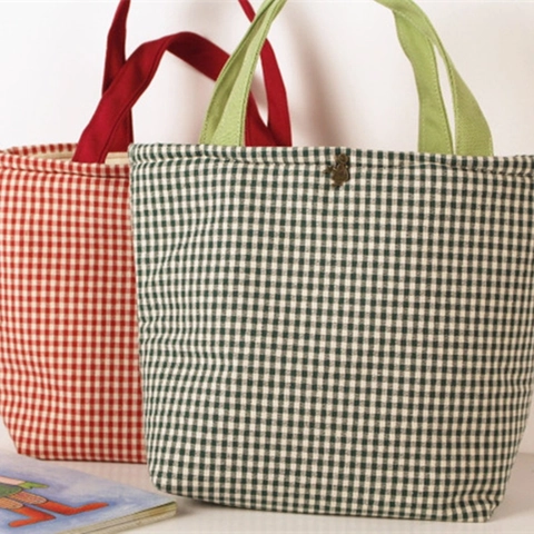 Checkered Cotton Canvas Tote Bag Gingham Handbag With Vintage Copper Button Japanese Style Casual Portable Lunch Bag