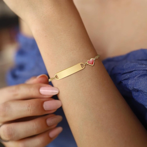 Stainless Steel Bracelet Heart Enamel Charm Rectangle ID Plate Adjustable Chain Minimalist Jewelry For Women Girls