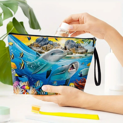 Dolphin Ocean Print Makeup Bag Fine Linen Zippered Pouch With Wrist Strap Portable Travel Cosmetic Case Stationery Bag