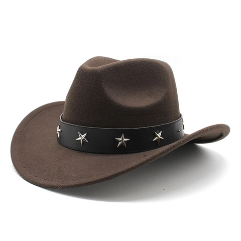 Western Cowboy Hat Wool Felt With Faux Leather Star Rivet Band Vintage Ethnic Style For Men Women Outdoor Sunshade