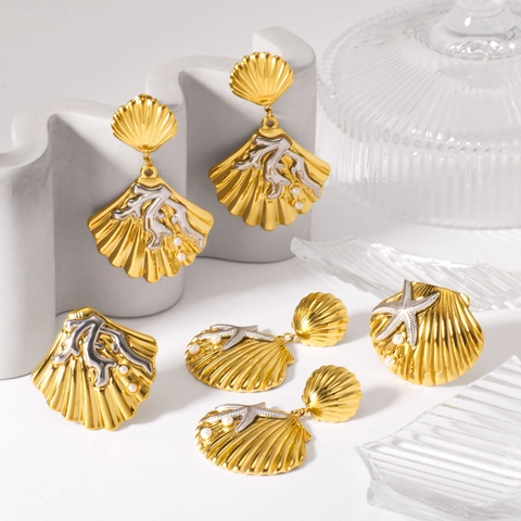Gioielli Conchiglia Stella Marina Corallo Acciaio Inossidabile Placcato Oro 18K Perla Artificial Finta Stile Spiaggia Donna Impermeabile