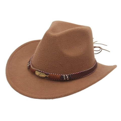 Chapeau De Cow-Boy Western En Feutre De Laine À Bord Large Style Ethnique Avec Ceinture Et Plume Dorée