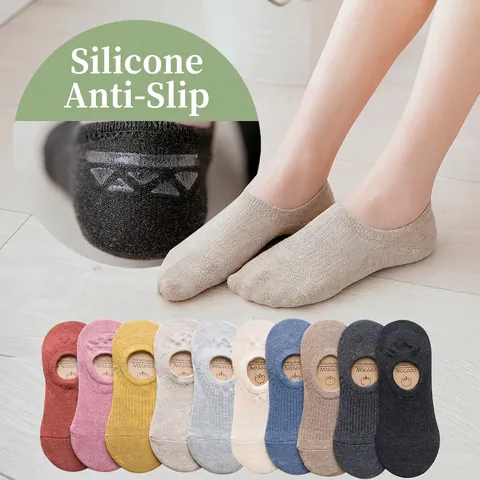 Women No Show Socks Cotton Non Slip Silicone Heel Invisible Boat Socks Low Cut Breathable Ribbed Knit Casual Solid Color