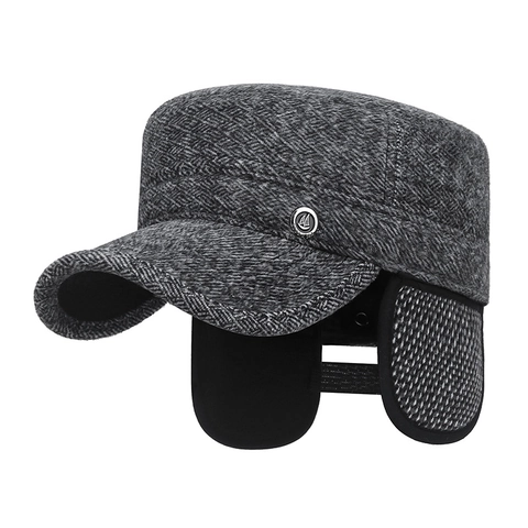 Casquette Militaire Homme Hiver Chaude Coupe-Vent Polyester À Chevrons Avec Protège-Oreilles Réglable Insigne Métallique