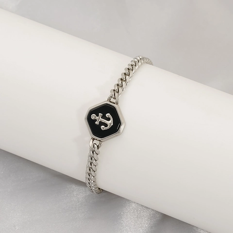 Pulsera Eslabones Cubanos Hombre Acero Inoxidable Colgante Ancla Hexagonal Esmalte Negro Estilo Náutico Joyas De Moda