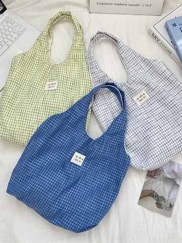 Checkered Tote Bag Polyester Cotton Plaid Shoulder Handbag Large Capacity Casual Shopping For Women