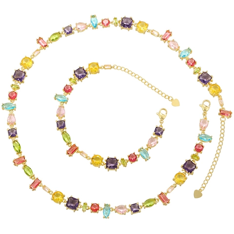 Luxurious Copper Multicolor Zirconia Necklace And Bracelet Rainbow Stone Elegant Party Banquet Women Fashion Jewelry