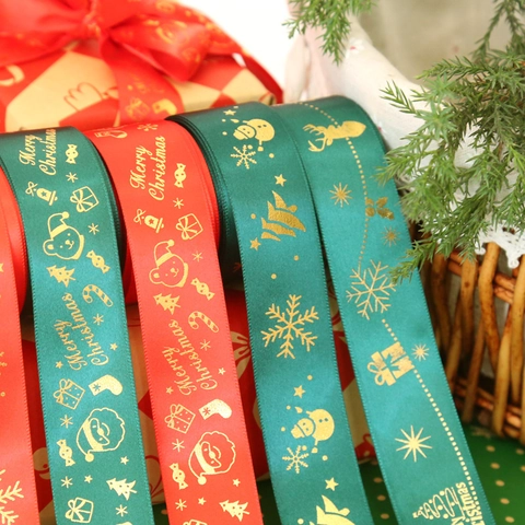 Christmas Gold Stamping Ribbons Polyester Satin For Gift Wrapping DIY Bows Holiday Decor Festive Patterns