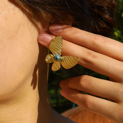 Vintage Roestvrij Stalen Vlinder Oorknopjes Met Afrikaanse Turkoois 18K Vergulde Ingelegde Edelsteen Oorbellen Vrouwen Sieraden