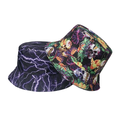 Punk Style Skull Print Lightning Pattern Bucket Hat Polyester Sun Protection Streetwear Hip Hop Unisex Basin Hat