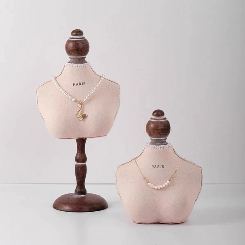 Necklace Display Stand Vintage Linen Cloth Wrapped Half Body Bust Mannequin Wood Base Jewelry Showcase Organizer Holder