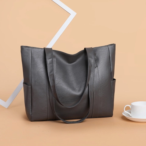 Women Tote Bag Large Capacity PU Leather Litchi Grain Vintage Simple Korean Style Shoulder Handbag For Commuting Versatile