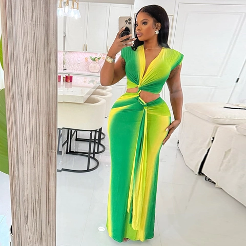 Ombre Gelb Grün Polyester Spandex Ärmellos V Ausschnitt Twist Crop Top Und Hohe Taille Bodycon Maxi Rock Damen Bekleidung