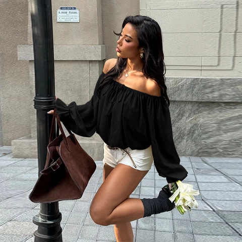 Women Off Shoulder Blouse Lantern Sleeve Polyester Chiffon Feel Tie Front Loose Sexy Long Sleeve Top Solid Color
