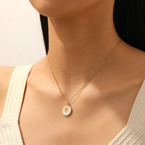 Rozenbloem Ronde Schelp Hanger Ketting Roestvrij Staal 18K Verguld Elegante Sieraden Voor Dames