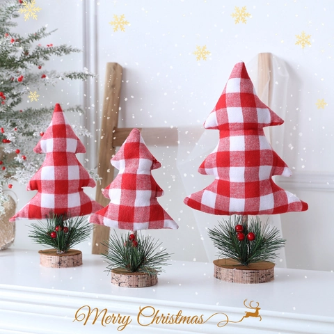 Mini Sapin De Noël Décoration De Bureau Arbre En Tissu Écossais Avec Base En Bois Aiguilles De Pin Baies Décoration Fête